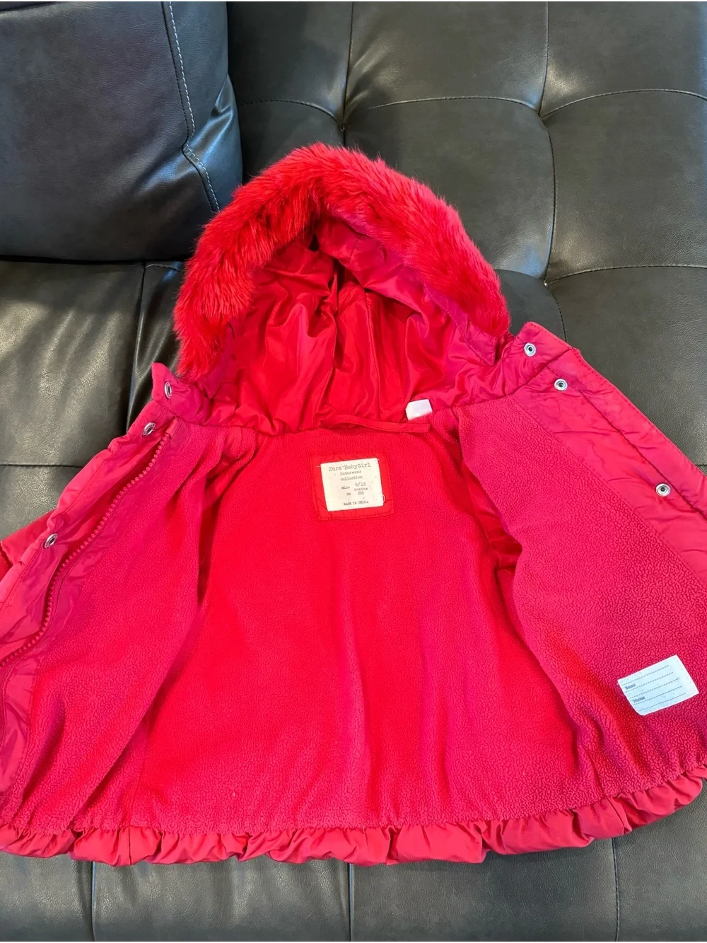 Zara 9-12 month Red Hooded Puffer Jacket with Faux Fur Trim